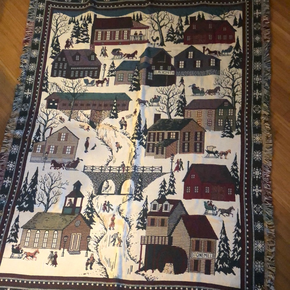 Winter village scene tapestry throw